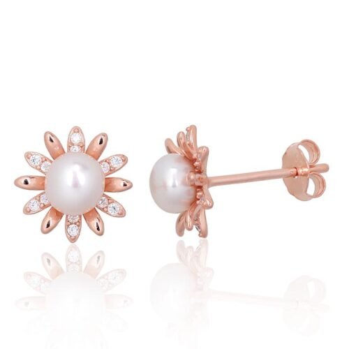 Silver stud earrings with Zirkons , Fresh-water Pearl