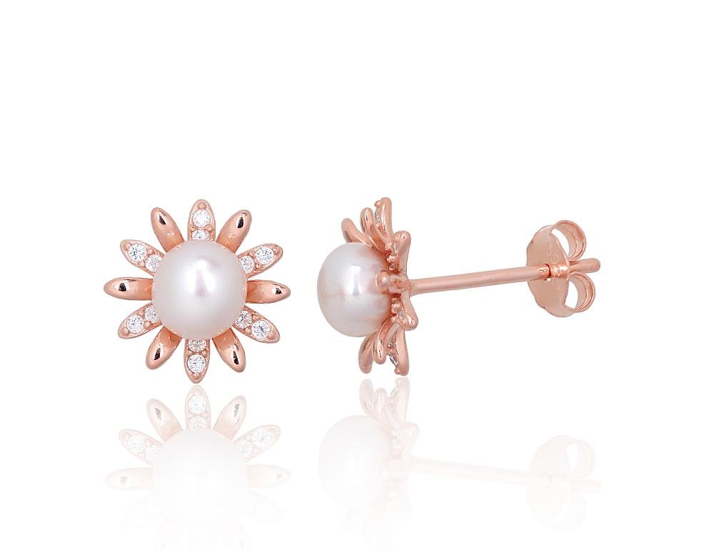 Silver stud earrings with Zirkons , Fresh-water Pearl