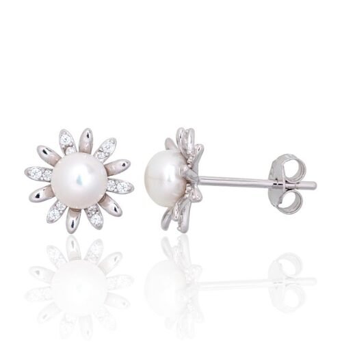 Silver stud earrings with Zirkons , Fresh-water Pearl