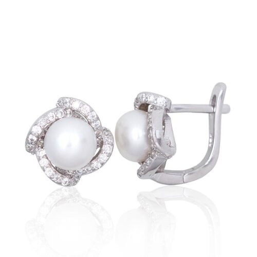 Silver earrings with 'english' lock with Zirkons , Fresh-water Pearl