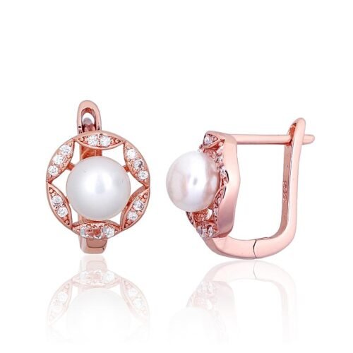 Silver earrings with 'english' lock with Zirkons , Fresh-water Pearl
