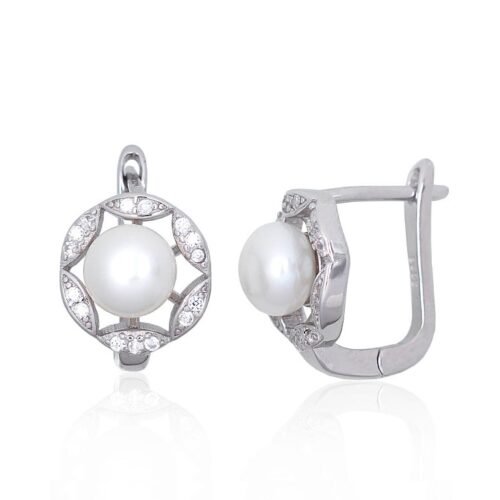 Silver earrings with 'english' lock with Zirkons , Fresh-water Pearl