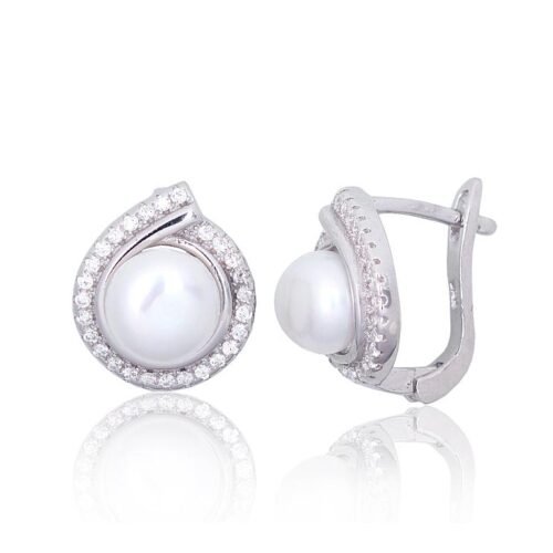 Silver earrings with 'english' lock with Zirkons , Fresh-water Pearl