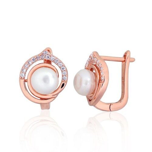 Silver earrings with 'english' lock with Zirkons , Fresh-water Pearl