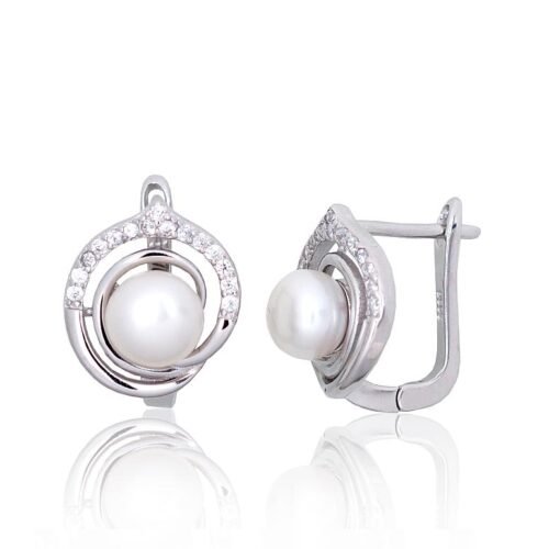 Silver earrings with 'english' lock with Zirkons , Fresh-water Pearl