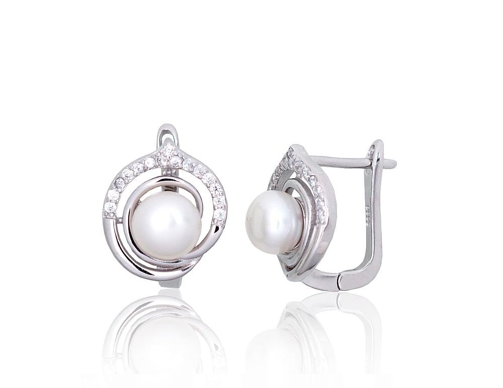 Silver earrings with 'english' lock with Zirkons , Fresh-water Pearl