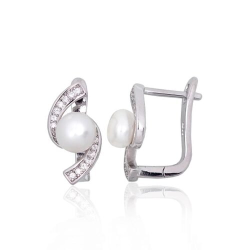 Silver earrings with 'english' lock with Zirkons , Fresh-water Pearl