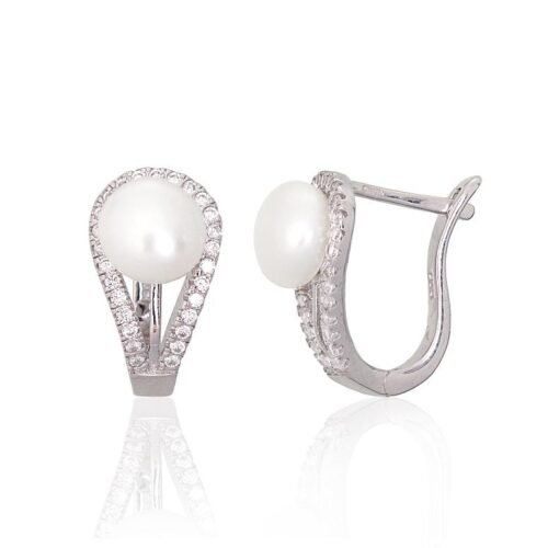 Silver earrings with 'english' lock with Zirkons , Fresh-water Pearl