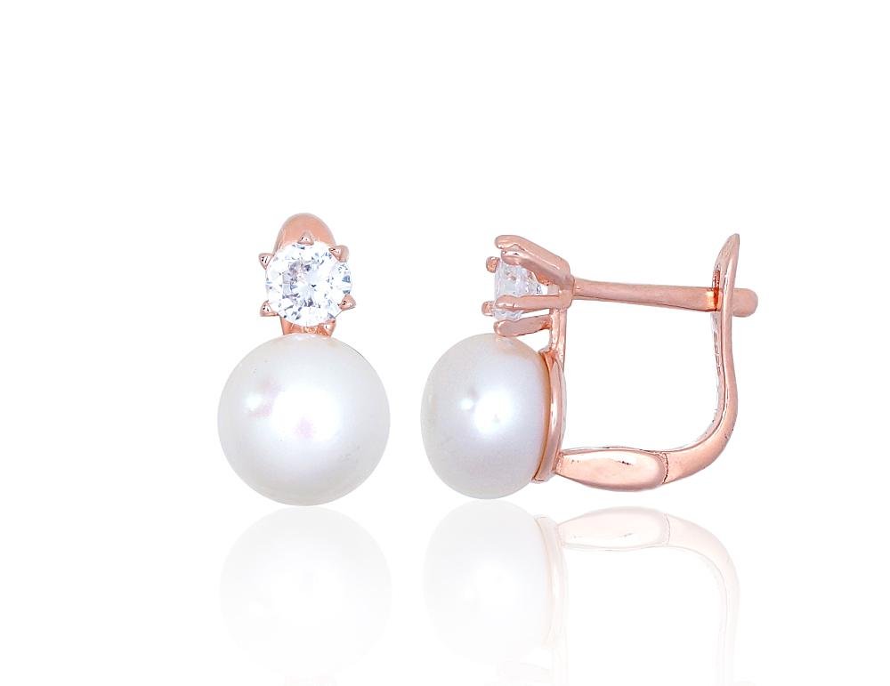 Silver earrings with 'english' lock with Zirkons , Fresh-water Pearl