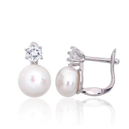 Silver earrings with 'english' lock with Zirkons , Fresh-water Pearl