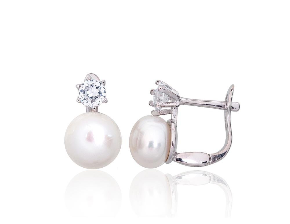 Silver earrings with 'english' lock with Zirkons , Fresh-water Pearl