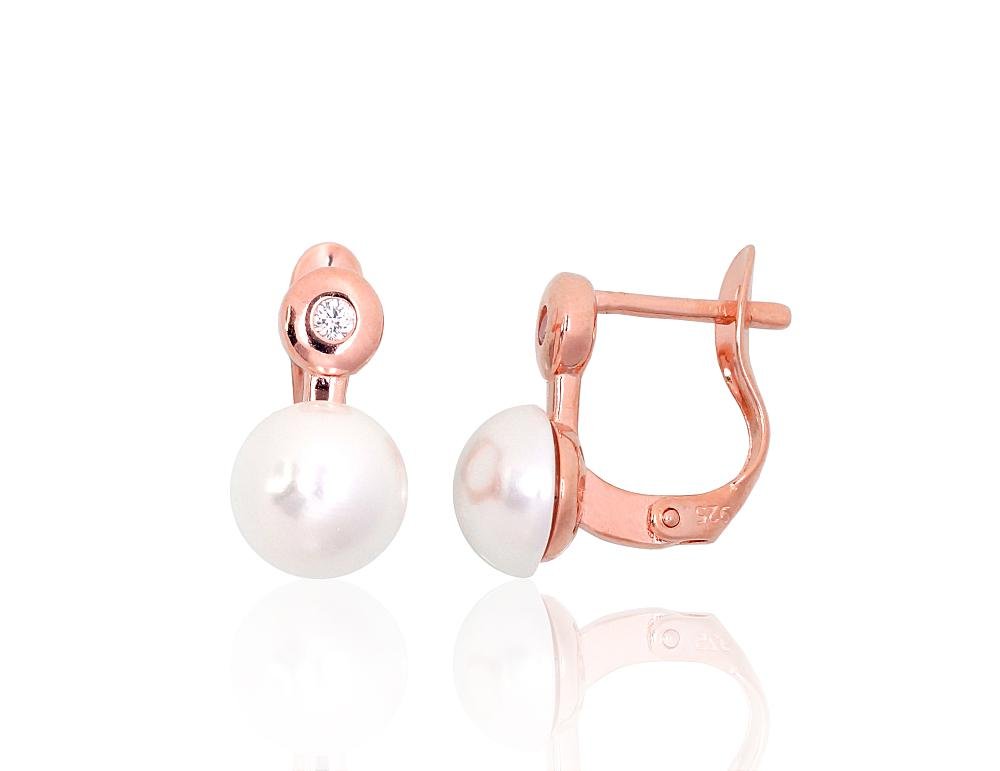 Silver earrings with 'english' lock with Zirkons , Fresh-water Pearl (Imitation)