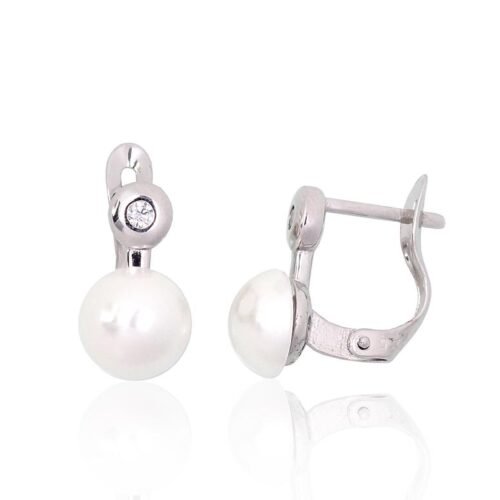 Silver earrings with 'english' lock with Zirkons , Fresh-water Pearl (Imitation)