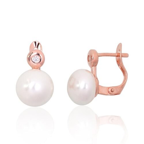 Silver earrings with 'english' lock with Zirkons , Fresh-water Pearl