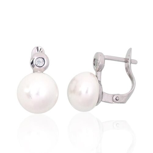 Silver earrings with 'english' lock with Zirkons , Fresh-water Pearl