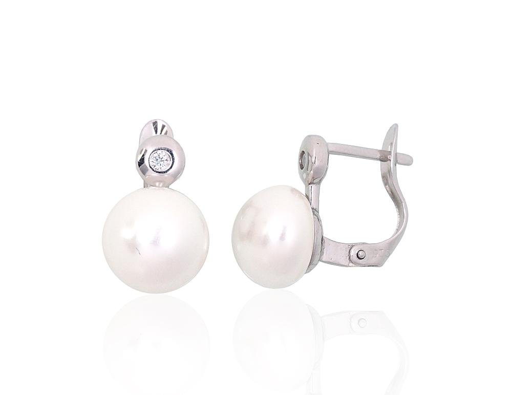 Silver earrings with 'english' lock with Zirkons , Fresh-water Pearl