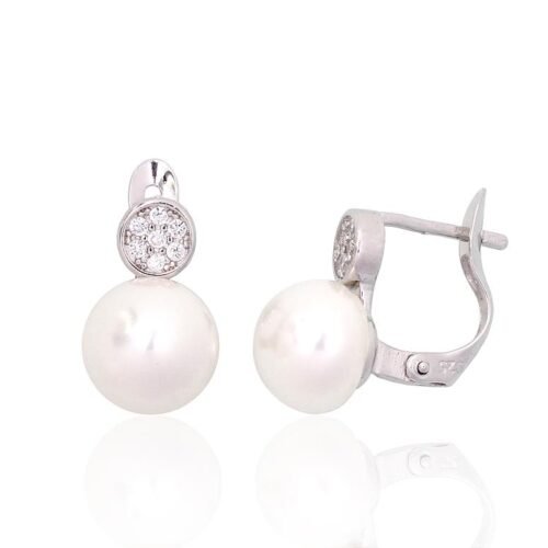 Silver earrings with 'english' lock with Zirkons , Fresh-water Pearl