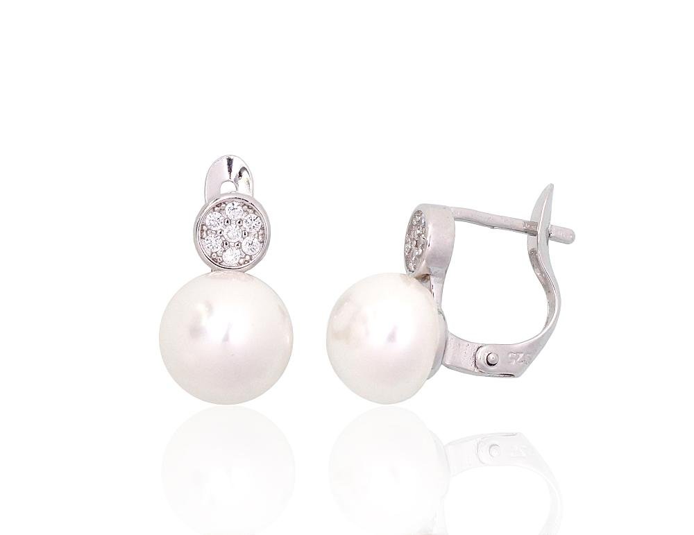 Silver earrings with 'english' lock with Zirkons , Fresh-water Pearl