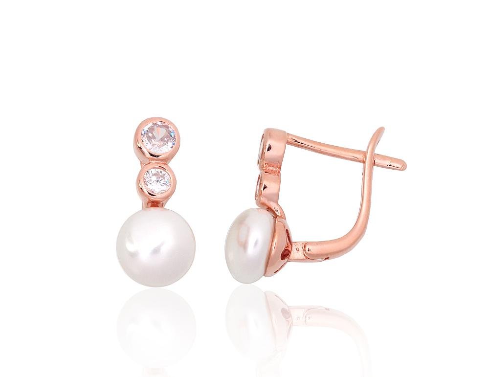 Silver earrings with 'english' lock with Zirkons , Fresh-water Pearl