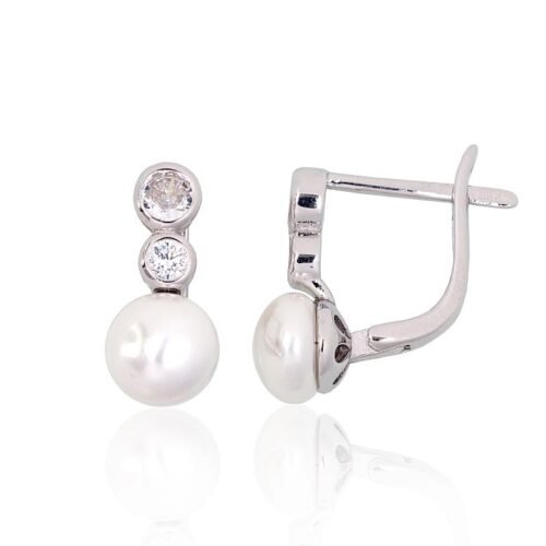 Silver earrings with 'english' lock with Zirkons , Fresh-water Pearl
