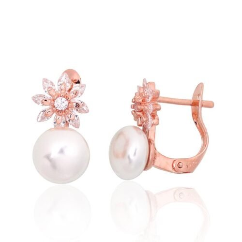 Silver earrings with 'english' lock with Zirkons , Fresh-water Pearl