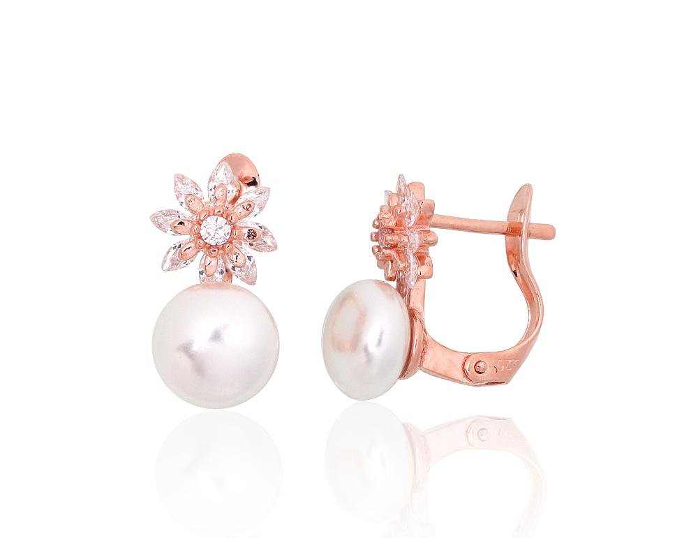 Silver earrings with 'english' lock with Zirkons , Fresh-water Pearl