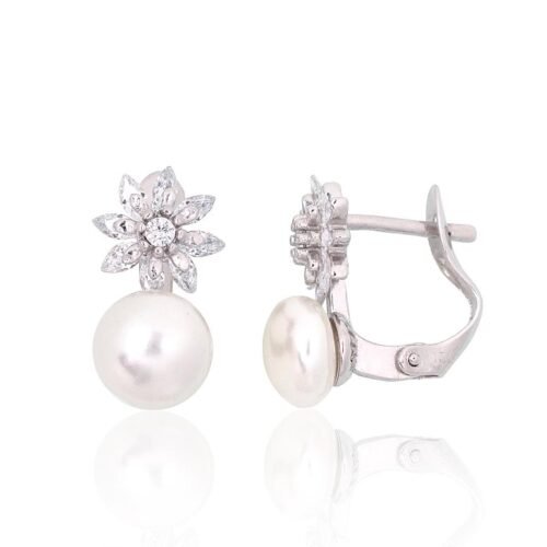 Silver earrings with 'english' lock with Zirkons , Fresh-water Pearl