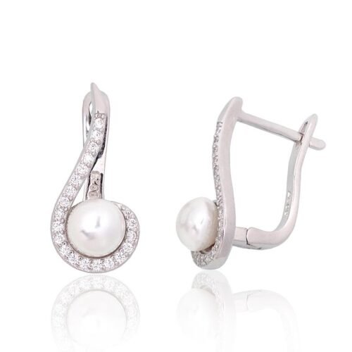 Silver earrings with 'english' lock with Zirkons , Fresh-water Pearl
