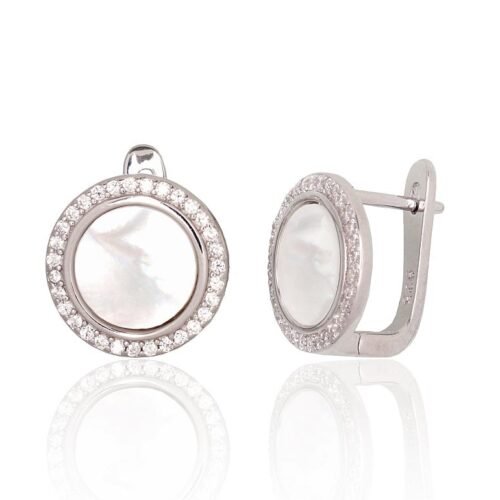 Silver earrings with 'english' lock with Zirkons , Mother-of-pearl