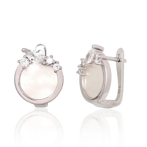 Silver earrings with 'english' lock with Zirkons , Mother-of-pearl