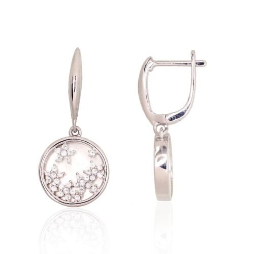 Silver earrings with 'english' lock with Zirkons , Mother-of-pearl