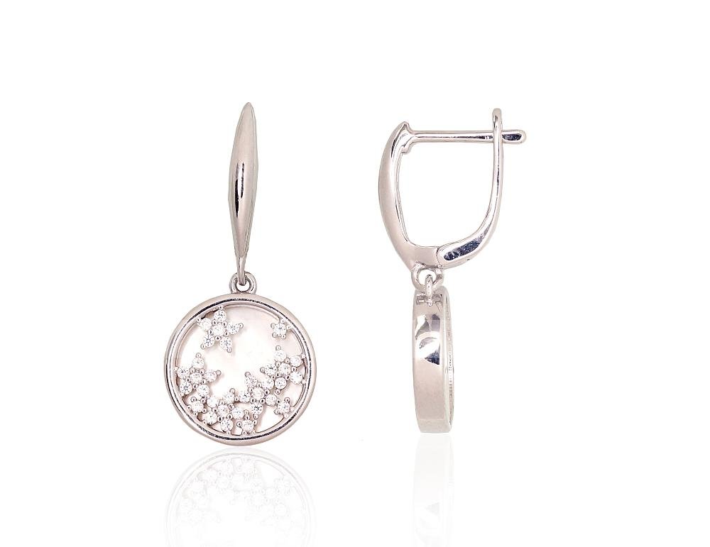 Silver earrings with 'english' lock with Zirkons , Mother-of-pearl