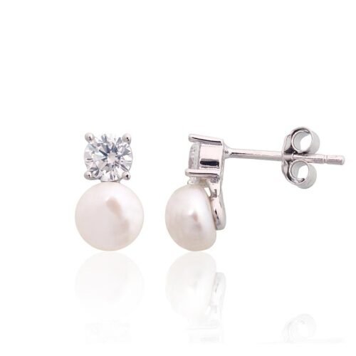 Silver stud earrings with Zirkons , Fresh-water Pearl