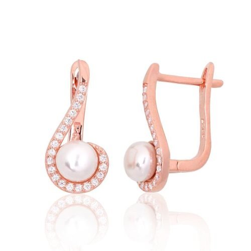 Silver earrings with 'english' lock with Zirkons , Fresh-water Pearl