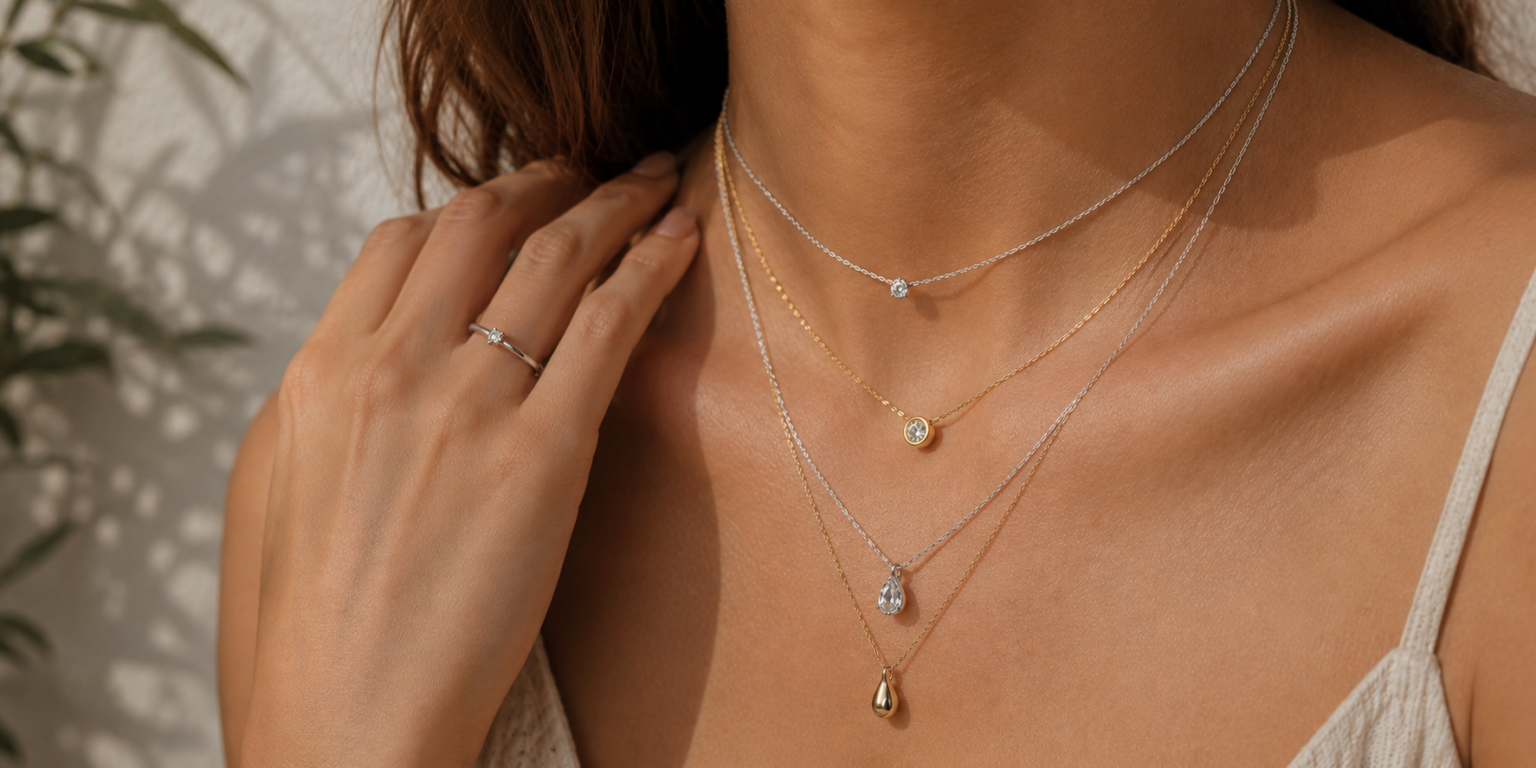 Woman wearing elegant layered gold and silver jewelry in a soft natural close-up portrait.