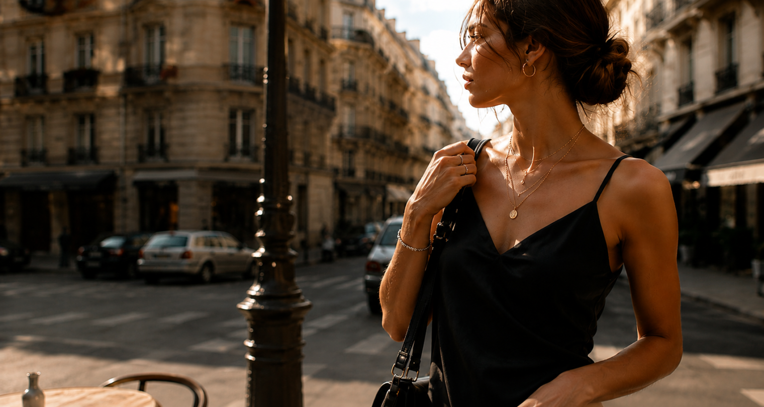 Elegant woman wearing gold and silver jewelry in European street style