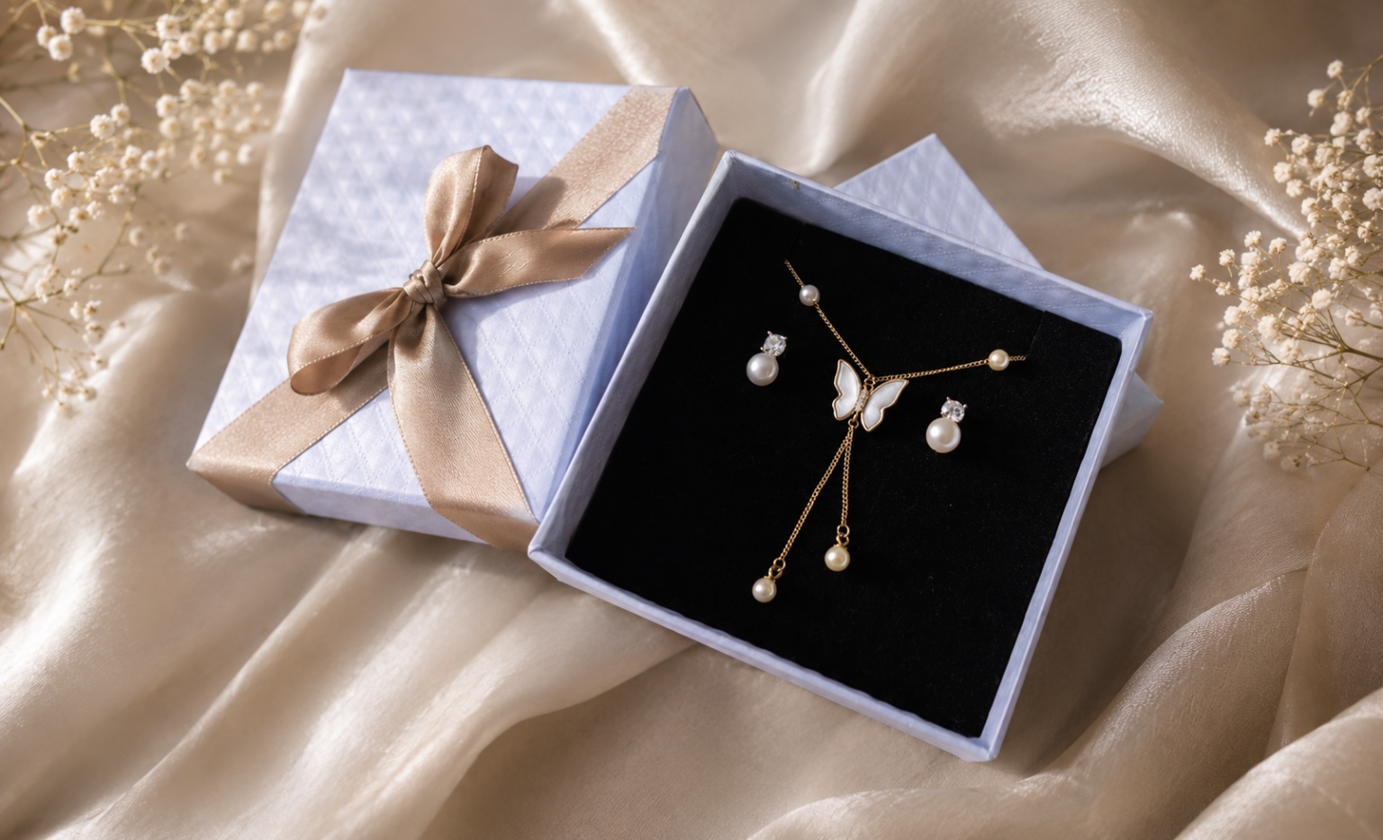 Elegant jewelry gift set with butterfly necklace and pearl earrings