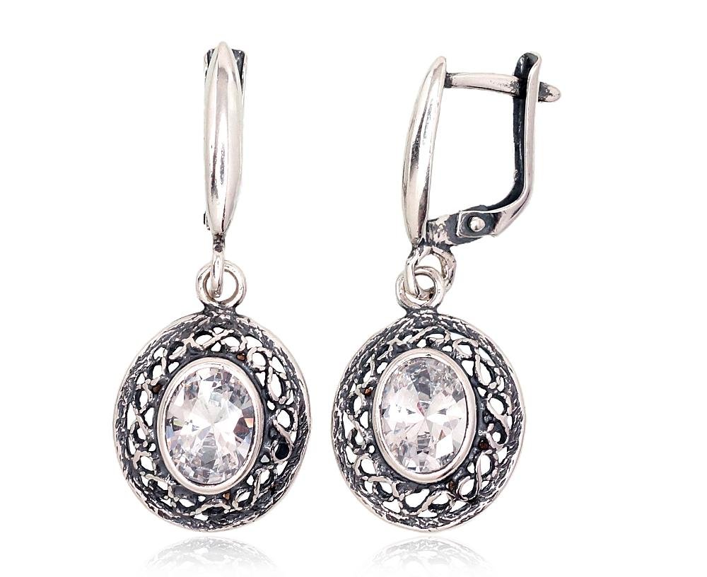 Silver earrings with 'english' lock with Zirkons