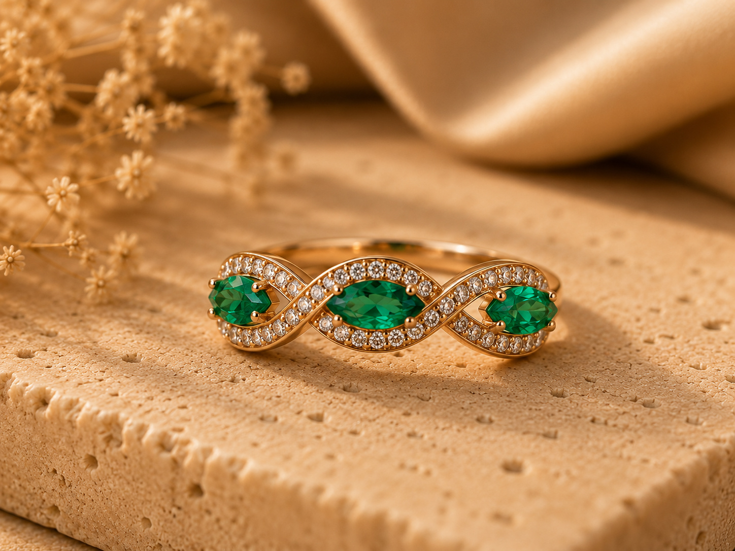 Elegant gold ring with emerald gemstones and sparkling zircon accents in a luxury jewelry setting.