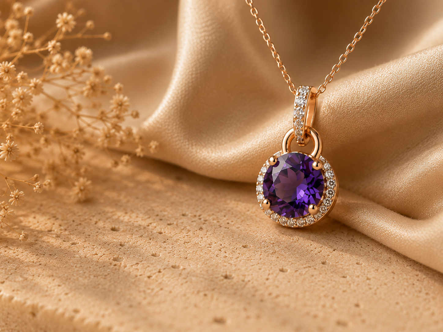 Luxury gold pendant with round amethyst gemstone and zircon details.