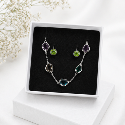 925 Sterling Silver Bracelet & Earrings Set with Colorful Cubic Zirconia