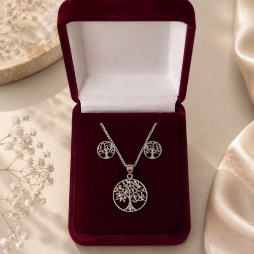925 sterling silver Tree of Life jewelry set with necklace and stud earrings