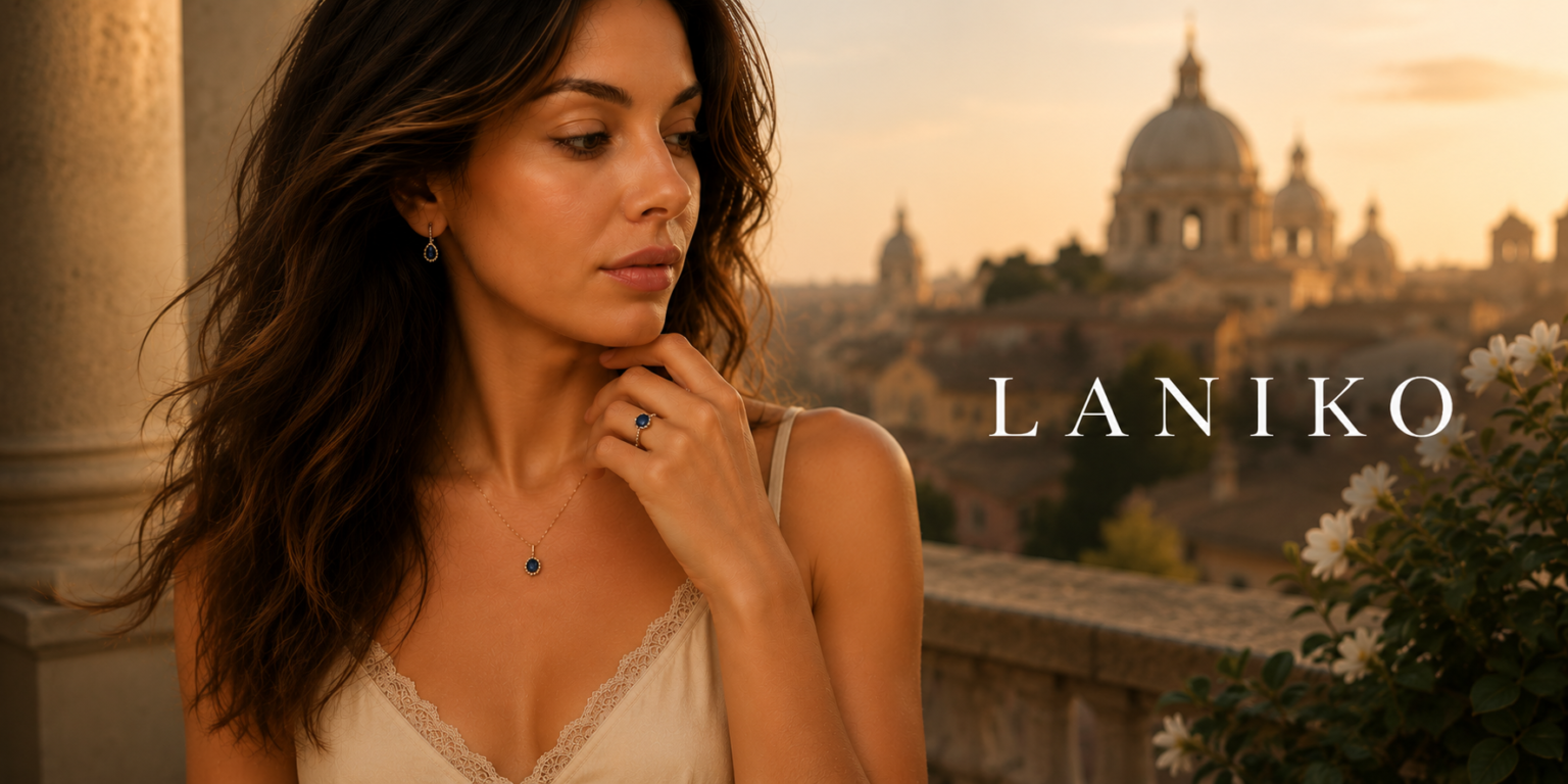 Woman wearing luxury gemstone jewelry including sapphire ring, gemstone earrings and amethyst pendant by Laniko.