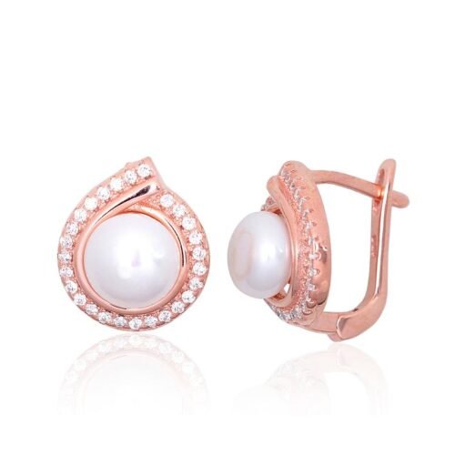 Silver earrings with 'english' lock with Zirkons , Fresh-water Pearl