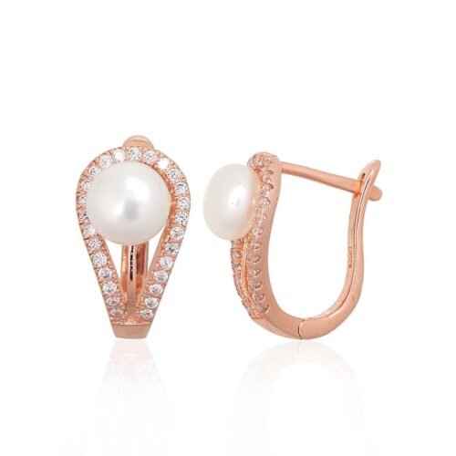 Silver earrings with 'english' lock with Zirkons , Fresh-water Pearl