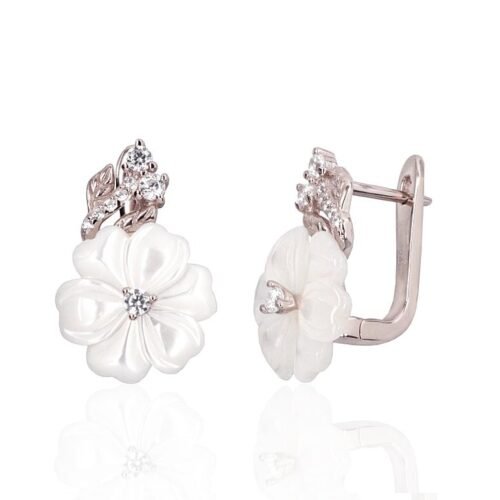 Silver earrings with 'english' lock with Zirkons , Mother-of-pearl
