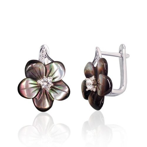 Silver earrings with 'english' lock with Zirkons , Mother-of-pearl