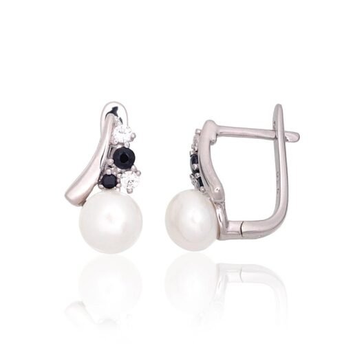 Silver earrings with 'english' lock with Zirkons , Fresh-water Pearl