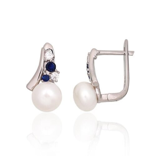 Silver earrings with 'english' lock with Zirkons , Fresh-water Pearl