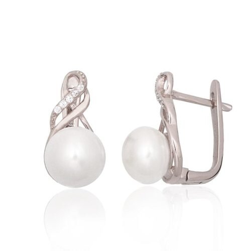 Silver earrings with 'english' lock with Zirkons , Fresh-water Pearl